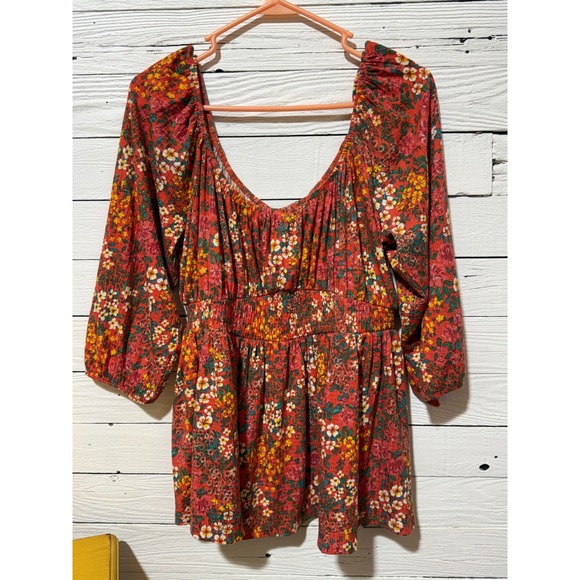torrid Tops - Torrid Floral Smocked Waist Babydoll Top Rust Orange 3/4 Sleeve Plus Size 0 L XL